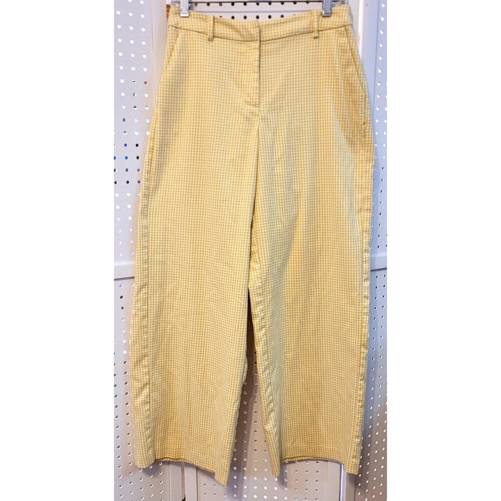 ICHI Ihrina Yellow White Check Wide Leg Pants Sz EU 38 US 8 Retro Gingham Plaid